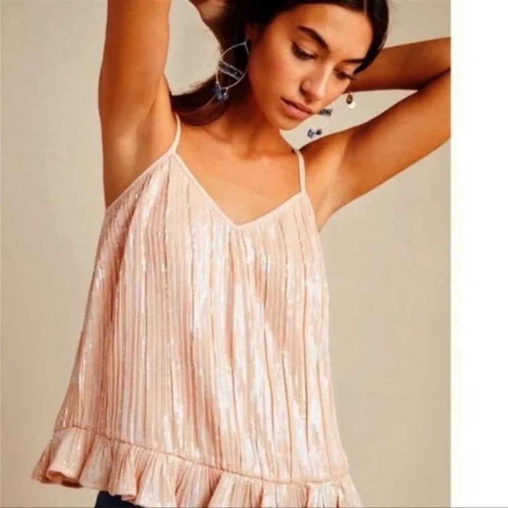Anthropologie Amelie Beaded Sequin Tank Peplum Top in Blush Pink size 2